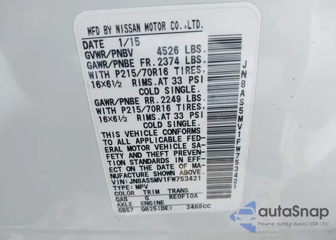 2015 Nissan Rogue Select S из США, поврежденный, VIN JN8AS5MV1FW753421